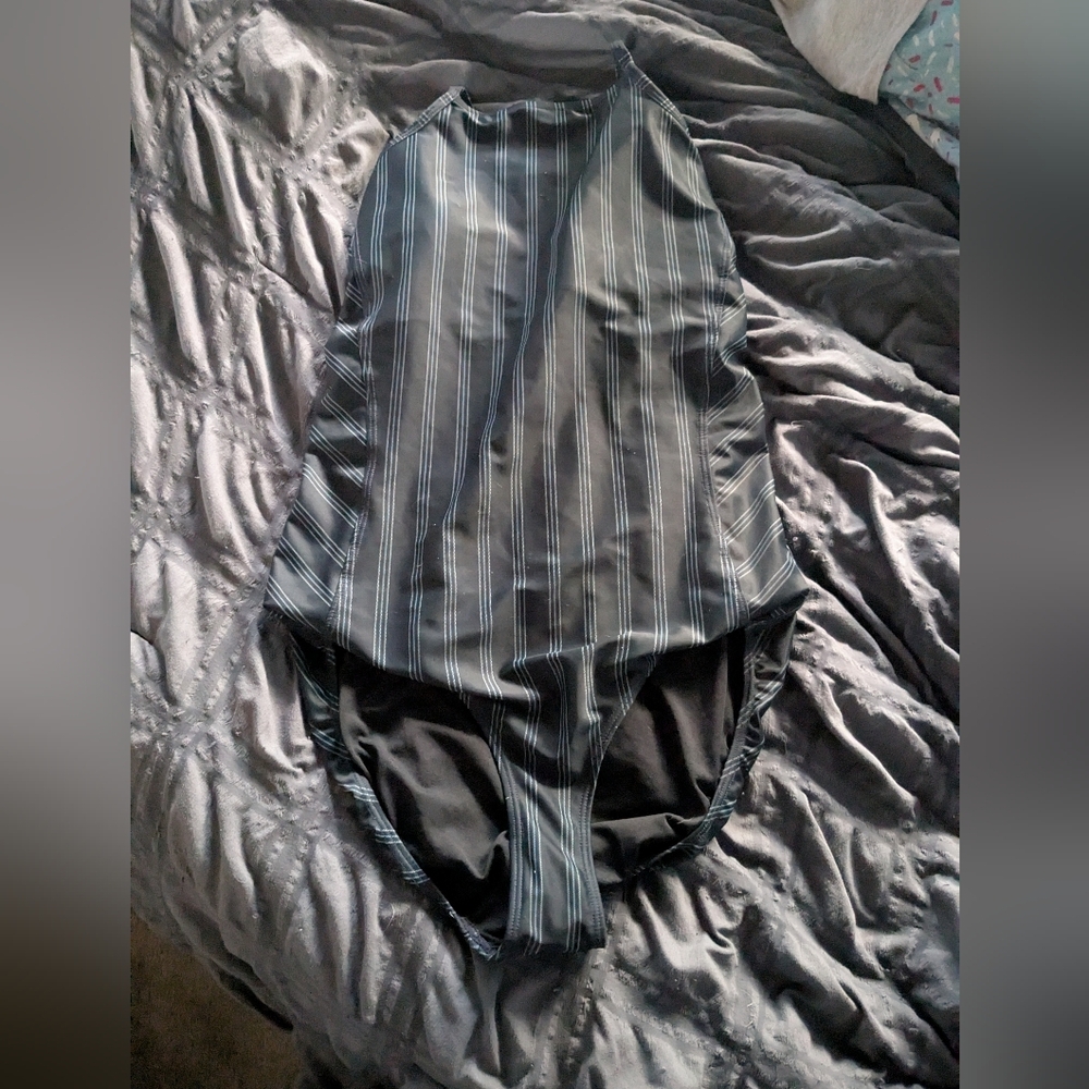 AlbionFit Striped Navy and Light Blue Swimsuit